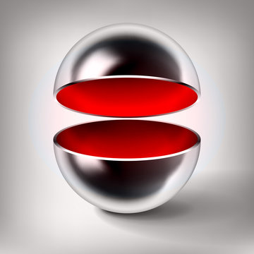 Vector chrome hollow sphere, open glossy metal ball, red inside, abstract object for you project design