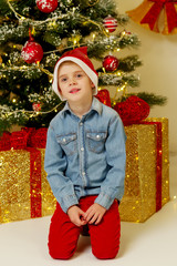 A little boy near the Christmas tree with a gift.