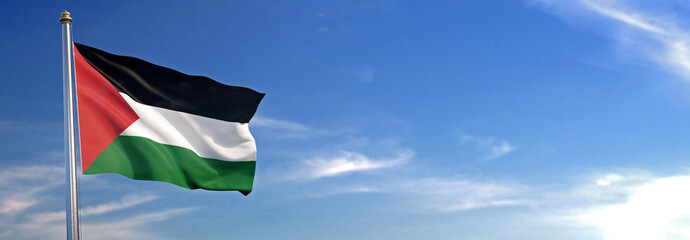 Flag of Palestine rise waving to the wind with sky in the background - obrazy, fototapety, plakaty