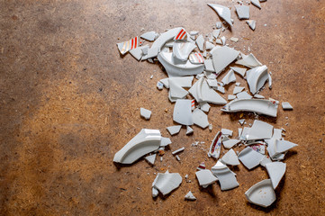 Pieces of shattered dishes. Fragments of the broken white ware on the floor.