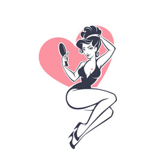 sexy and beauty retro pinup girl holding a mirror on pink heart shape background for your logo or label design - 247166898