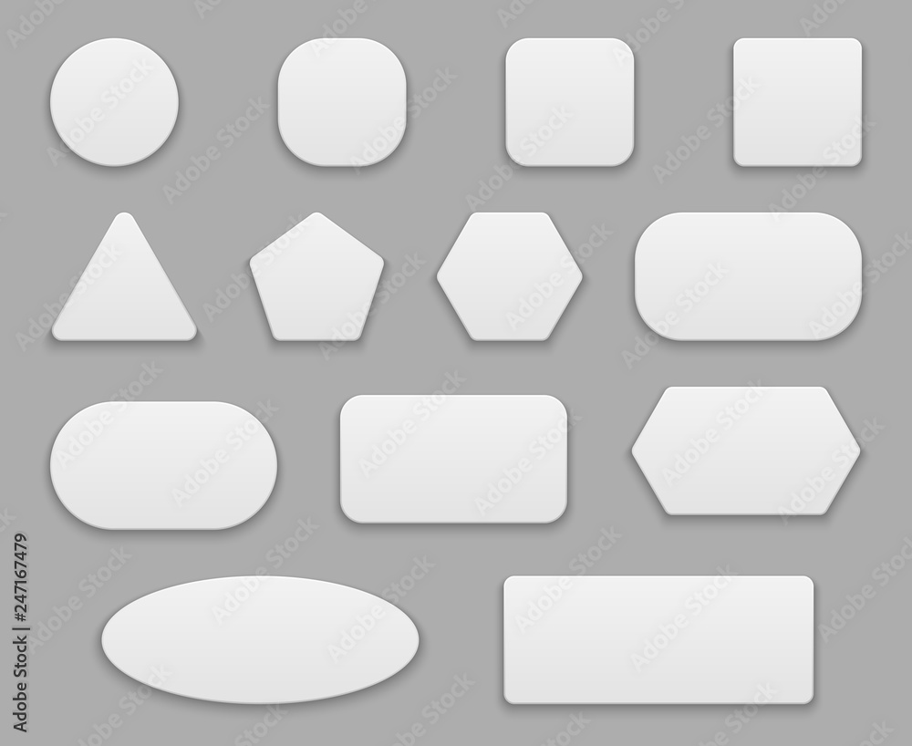 Poster white buttons. blank tags, white clear badge. round square circle application button plastic 3d vect