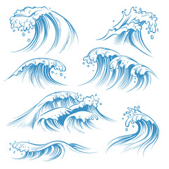 Fototapeta na wymiar Hand drawn ocean waves. Sketch sea waves tide splash. Hand drawn surfing storm wind water doodle vintage elements