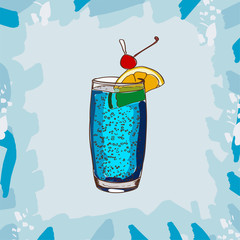 Blue Lagoon classic cocktail illustration. Alcoholic bar drink hand drawn vector. Pop art