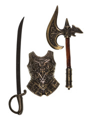 knight armor and weapons on a white isolated background