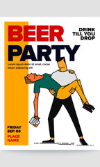 Beer Party Template design. Vector illustration of friends drinking beer. Man carrying another drunk man. Drinking concept.