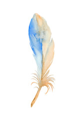 Stylized blue feather of common kingfisher. Watercolor Illustration.