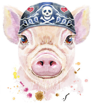 Watercolor portrait of mini pig wearing biker bandana