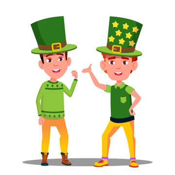 Boys In Green Suits At St Patrick Day In Ireland Vector. Isolated Illustration