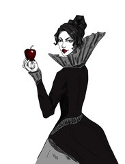 Evil sorceress, witch. Stepmother with a poisoned apple. Fairy-tale character, queen. Gothic illustration on white isolated background