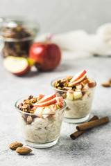 Apple cinnamon overnight oatmeal with granola. Selective focus, space for text.