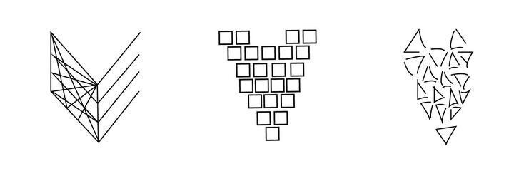 Abstract set of hearts. Hearts of lines, squares, triangles in graphic style. Black and white vector.