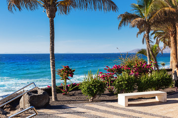 Stone bench in Puerto del Carmen beach in Lanzarote, Canary islands, Spain. blue sea, palm trees, selective focus