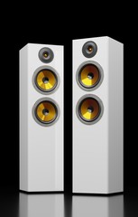 Two columns of white colored modern and luxury loudspeakers standing on the floor, 3d render models in high quality resolution. 