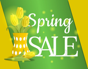 Spring Sale Banner with Bouquet of Tulips. Voucher, flyers, invitation, posters, brochure, coupon discount,greeting card. Vector illustration.