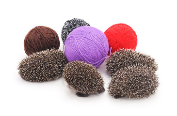 Four little hedgehogs with balls made of yarn.