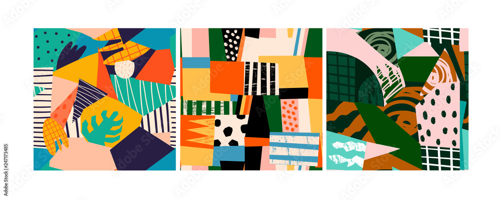 Poster set of three abstract contemporary seamless patterns. hand drawn various shapes. modern patchwork il