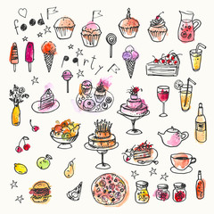 Hand drawn ink and watercolor stain doodle food set. Design elements for party invitation or menu background