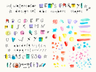 Hand drawn ink and watercolor stain alphabet, numbers and signs and watercolor shapes.