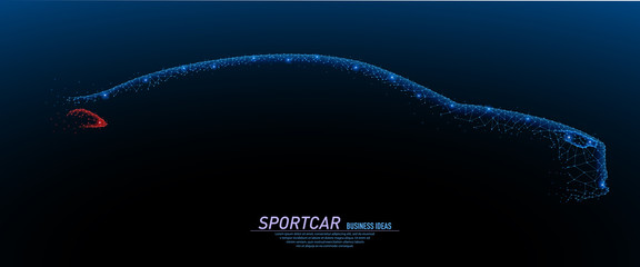 Abstract polygonal light of closeup realistic car side view in the dark