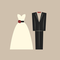 Wedding clothing, bride and groom dress and suit. Bridal white dress and groom formal suit vector designs. - obrazy, fototapety, plakaty