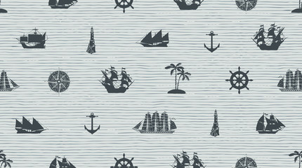 Vector seamless background on the theme of sea travel with different sailing ships, compass, anchor, steering wheel and others. Cute sea objects on the striped background in retro style