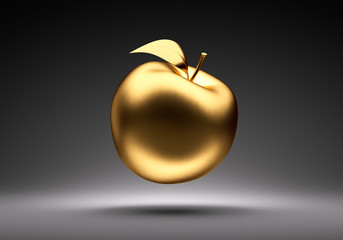 Goldener schwebender Apfel vor dunklem Hintergrund