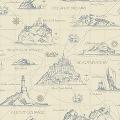 Vector abstract seamless background on the theme of travel, adventure and discovery. Old hand drawn map with islands, lighthouses and sailboats in retro style