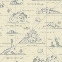Fototapete Berge Vektor abstrakter nahtloser Hintergrund zum Thema Reisen, Abenteuer und Entdeckung. Alte handgezeichnete Karte mit Inseln, Leuchttürmen und Segelbooten im Retro-Stil