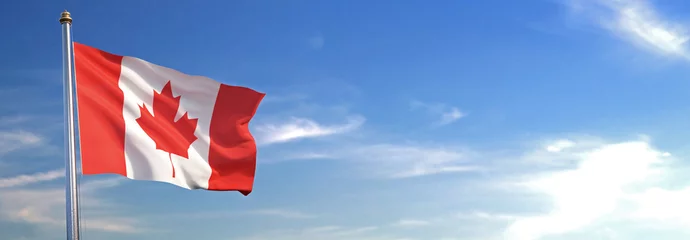 Fotobehang Vlag van Canada stijgt in de wind met de lucht op de achtergrond © Negro Elkha