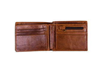 Opened brown leather wallet isolated on a white background