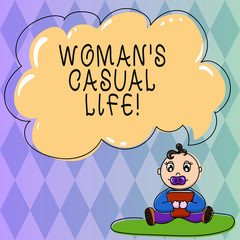 Text sign showing Woanalysis S Is Casual Life. Conceptual photo relaxed and unconcerned not regular or peranalysisent Baby Sitting on Rug with Pacifier Book and Blank Color Cloud Speech Bubble