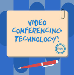 Writing note showing Video Conferencing Technology. Business photo showcasing People globally interacted through video data Square Color Board with Magnet Click Ballpoint Pen and Clip