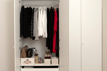 A well-organized closet. All things in their places, in boxes, on hangers, neatly stacked in piles....