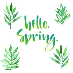 Green spring lettering with hand drawn letters with leaves in watercolor style on white background 