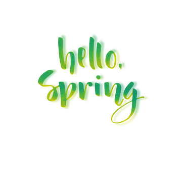 Green spring lettering with hand drawn letters in watercolor style on white background 