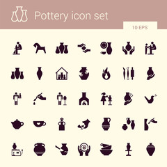 Pottery wheel, potter, clay horse, and other ceramic products in the icon set in flat style.