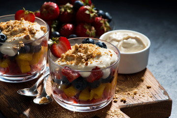 fresh fruit with custard in glasses