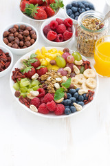 products for a healthy breakfast - berries, fruit and cereal on the plate, white wooden background