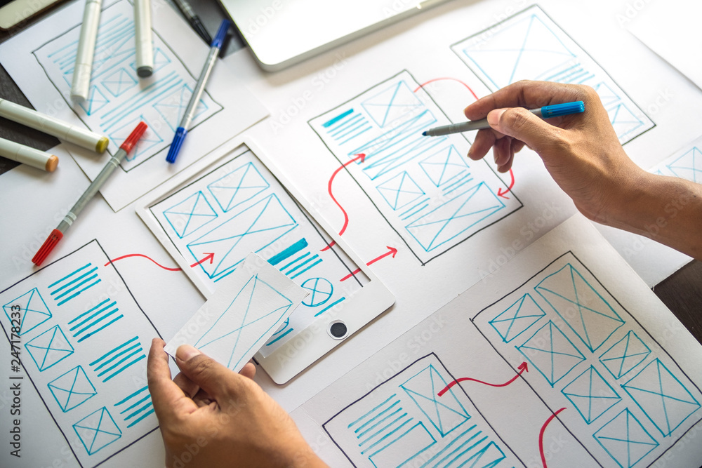 Poster ux graphic designer creative sketch planning application process development prototype wireframe for