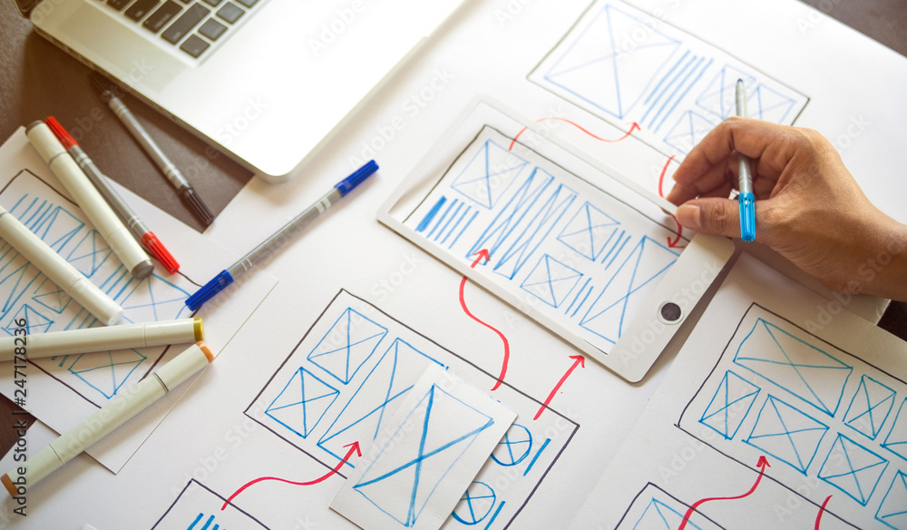 Poster ux graphic designer creative sketch planning application process development prototype wireframe for
