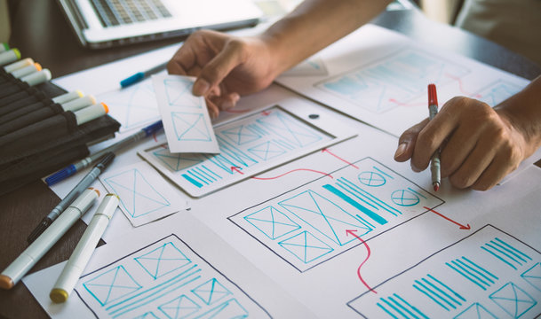 ux Graphic designer creative  sketch planning application process development prototype wireframe for web mobile phone . User experience concept.