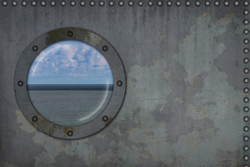 Ship metal porthole with ocean view. Vintage background with copy space.