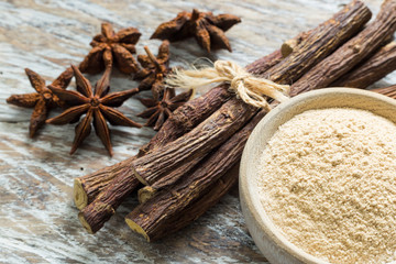 licorice root and flour and anise on the table