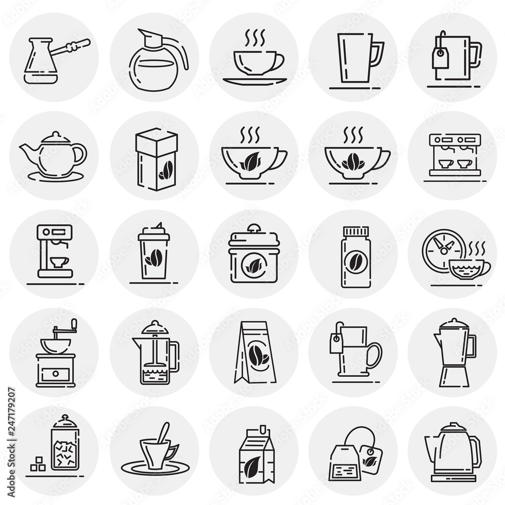 Poster tea and coffee outline icons set on circles background for graphic and web design, modern simple vec