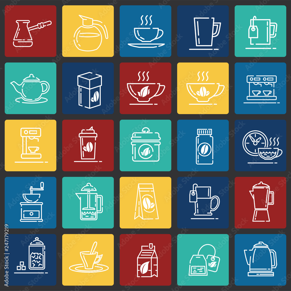 Poster Tea and coffee outline icons set on color squares background for graphic and web design, Modern simple vector sign. Internet concept. Trendy symbol for website design web button or mobile app
