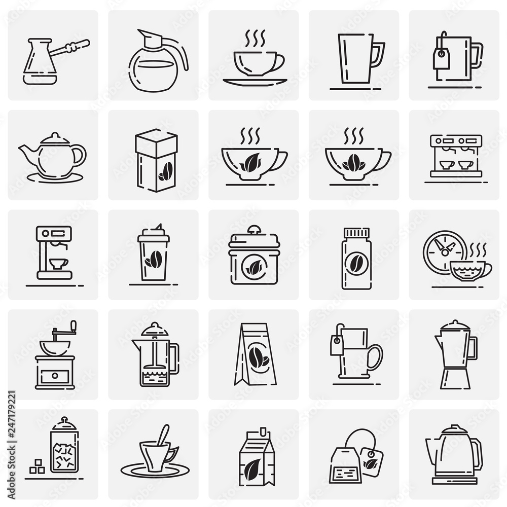 Poster tea and coffee outline icons set on squares background for graphic and web design, modern simple vec