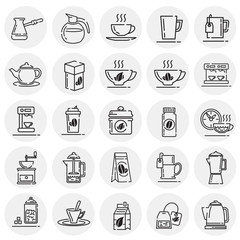 Tea and coffee outline icons set on circles background for graphic and web design, Modern simple vector sign. Internet concept. Trendy symbol for website design web button or mobile app