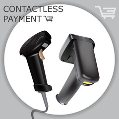 Contactless payment. POS terminal, MSR, EMV, NFC. Laser barcode price smartphone scanner. Wireless payment.
