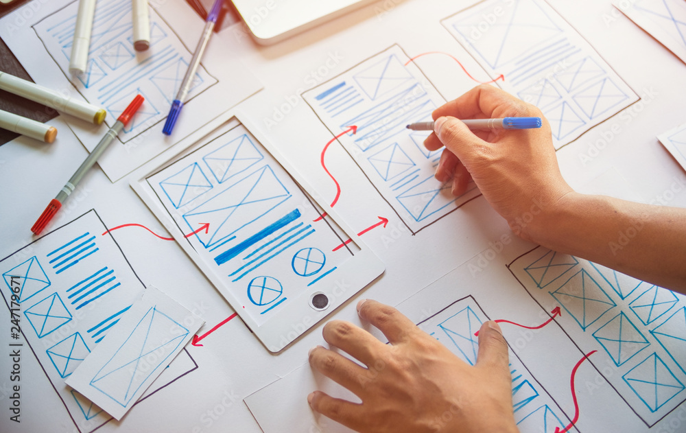 Poster ux graphic designer creative sketch planning application process development prototype wireframe for